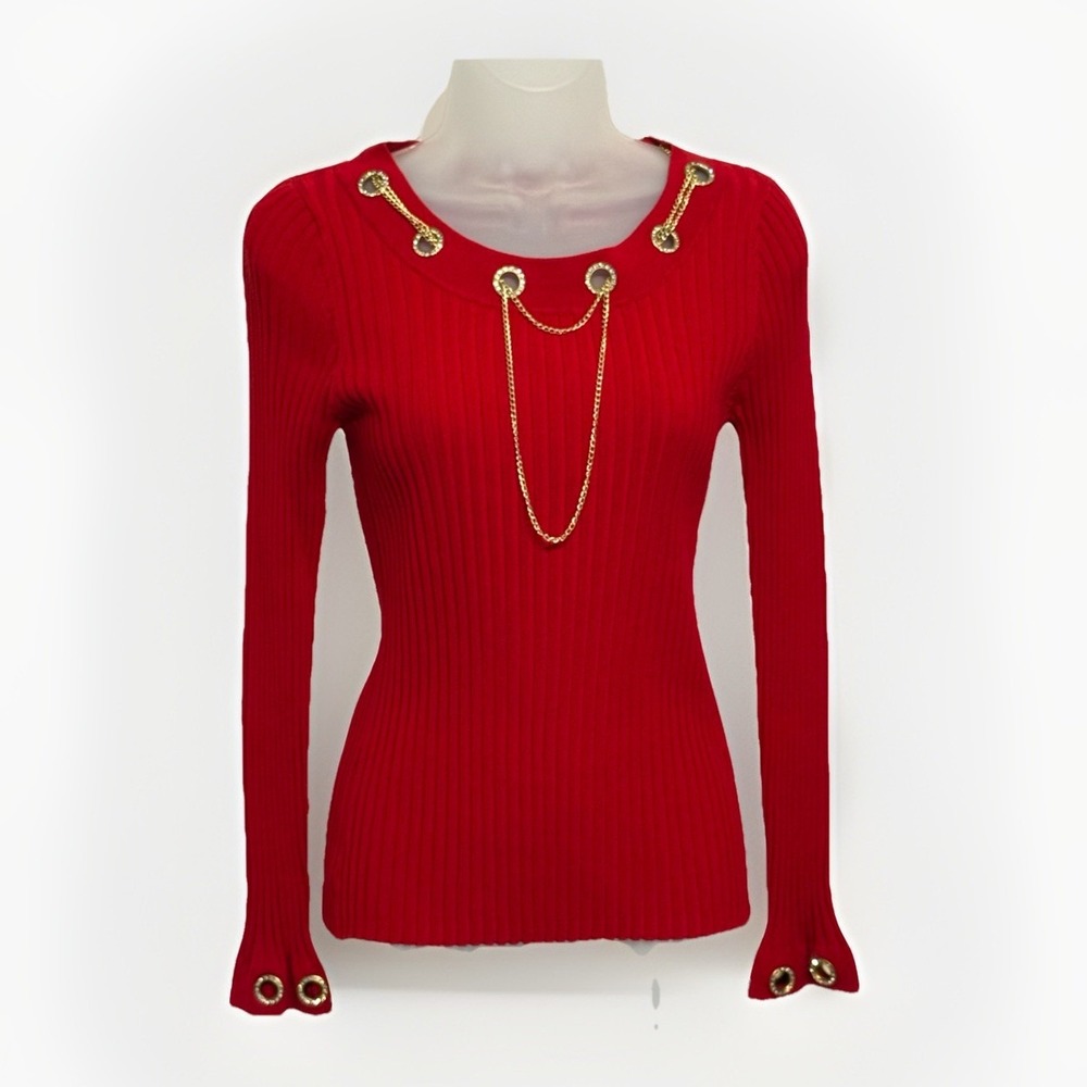 Rare Fontana Rhinestone Neck Sleeves Gold Necklace Ribbed Sweater Size M NWT